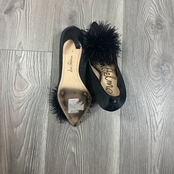 Sam Edelman Black Satin Feather Puff Pointed Toe Heels Women’s Size 7 - Picture 5 of 5